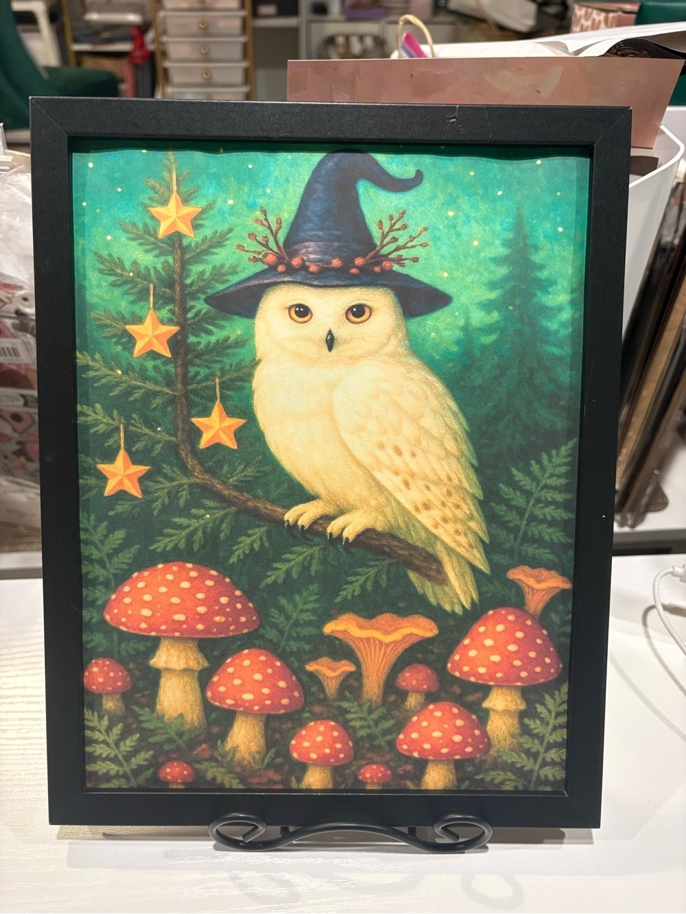 Whimsical White Owl Witch Framed 8x10 Art Print - Forest Mushrooms